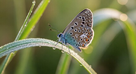 Obraz premium Closeup of a small blue and brown spotted butterfly resting on a dewcovered blade of grass in the morning sunlight