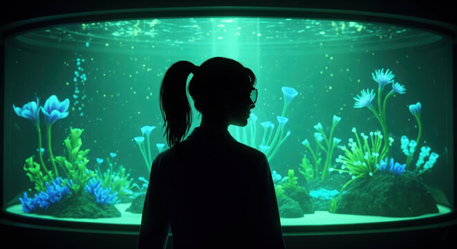 Silhouette of a woman mesmerized by a glowing underwater world