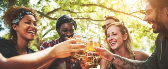 The joyful gathering of friends celebrating with drinks under the sunlight.