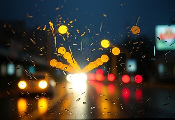 Blurred streetlights through rain-streaked windshield, poor visibility,  background,  rainy day