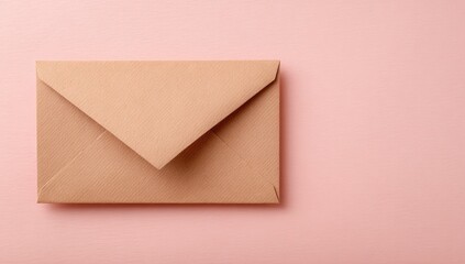 A light brown envelope sits centrally on a pale pink background, subtly textured, with ample negative space to the right