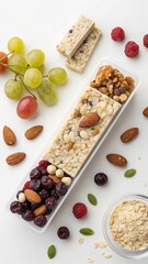 Healthy granola bar with nuts seeds and dried fruit and grapes