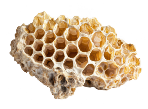 Close up of a honeycomb with empty cells isolated on transparent background