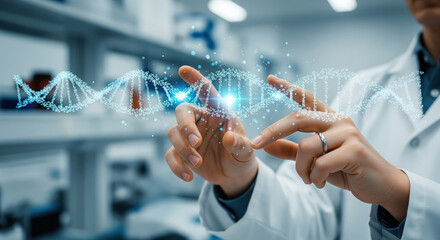  A scientist's hands interacting with a futuristic molecular hologram