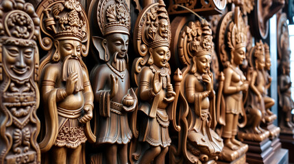 Wooden carvings of ancient gods and goddesses showcase intricate details and craftsmanship, reflecting cultural heritage and artistry