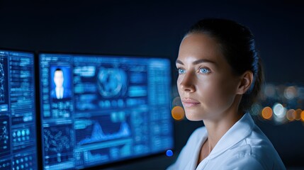 Remote Hybrid Work Focused woman analyzing data on multiple screens in a modern workspace. Realistic Home Office Scenes for Remote Work
