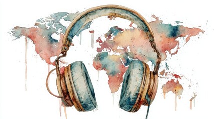 A watercolor illustration of headphones overlaying a world map, symbolizing the global reach of music.
