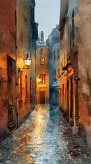 Fototapeta premium A charming, illuminated alleyway with wet cobblestones, showcasing a picturesque, quaint atmosphere in a historic urban setting.