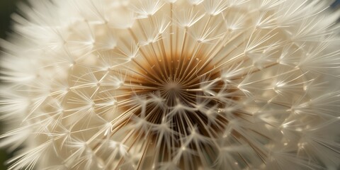 Close up detailed view of delicate dandelion seeds with soft light and blurred background