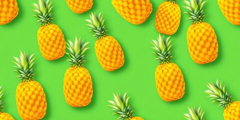 Vibrant yellow pineapples on a lush green background, forming a seamless repeating pattern,  background pattern,  textile