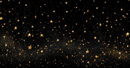 Golden stars and glittering dust on black background