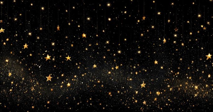 Golden stars and glittering dust on black background