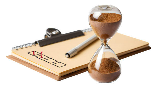 hourglass and to-do list, time and task management concept, white background