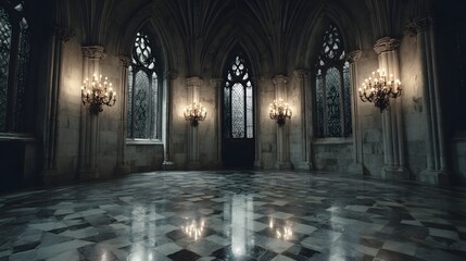 Grand gothic hall with ornate chandeliers.