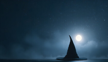 Fototapeta premium Witch hat silhouette under full moon in night sky for Halloween 