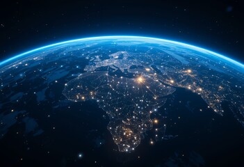 Illuminated digital network connections spanning the earth viewed from space showing global urban