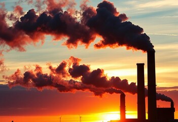 Sunset silhouettes of industrial smokestacks emitting dark plumes against fiery sky,  factory,  ecological disaster