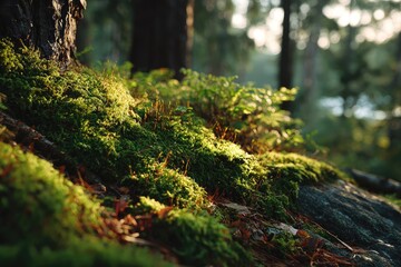 Obraz premium Sunlight filters through a forest floor covered in vibrant moss and ferns