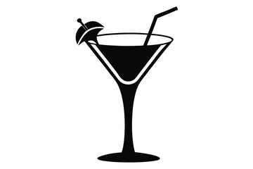 Sleek black martini glass displays a straw and decorative umbrella against white background