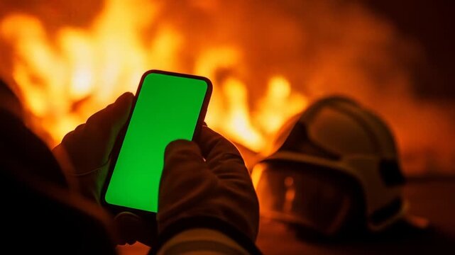 Firefighter's Phone: Green Screen, Flames, Emergency Communication Concept