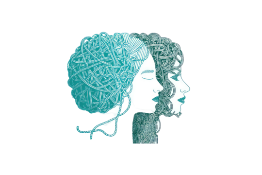 Profile of a woman with intricate teal hair