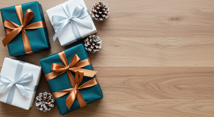 Fototapeta premium Beautifully Wrapped Presents with Ribbons and Pine Cones on Wood.