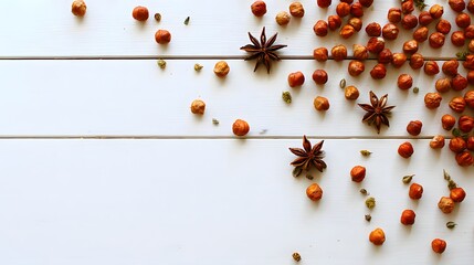 Spiced chickpeas and star anise scattered on a white wooden surface.
