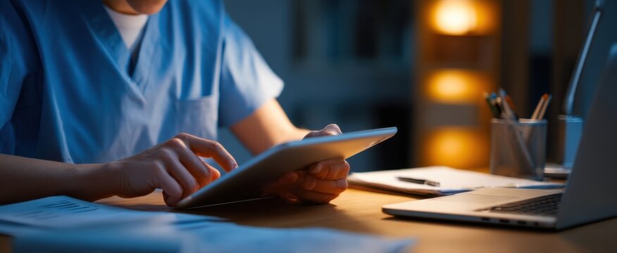 The healthcare professional using a tablet in a modern workspace at night