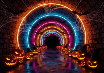 A spooky halloween tunnel with neon lights and jackolanterns, creating a scary and festive atmosphere