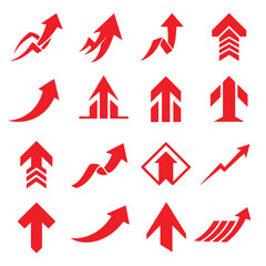 Collection of modern red arrow icons representing growth, direction, and progress on white background