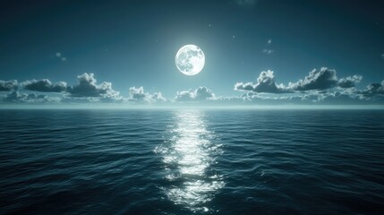 Gentle clouds floating under a radiant full moon in a tranquil sky. Dreamy nightscape, serene escape.