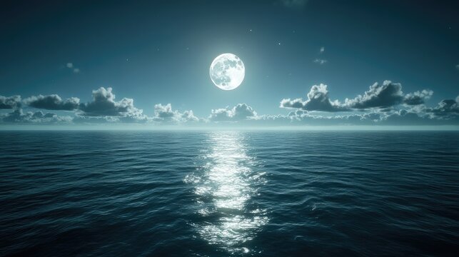 Gentle clouds floating under a radiant full moon in a tranquil sky. Dreamy nightscape, serene escape.