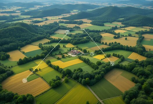 Aerial view of diverse farmland patches and green forested hills with agricultural data overlay