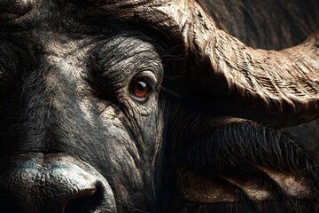 Carabao close-up under studio light revealing detailed textured skin and prominent horns.