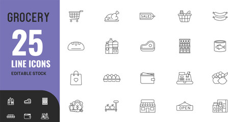 Grocery line editable icon set. Retail, market, food, product, purchase, buy, consumer, customer, checkout  .vector illustration.	
