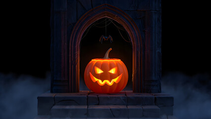 Glowing Jack O Lantern with Spider in Gothic Archway at Night Halloween pumpkin