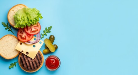 A flat lay of burger ingredients including tomato lettuce cheese onion