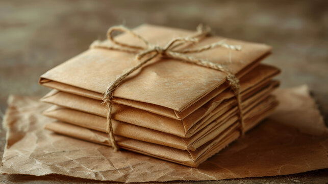 Stack of brown paper packages tied with twine on a textured background