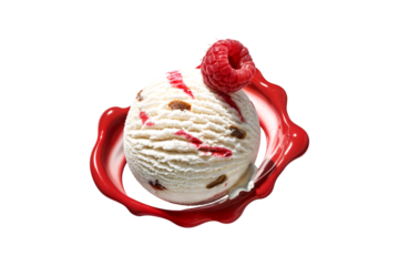 A scoop of raspberry ripple ice cream in a dynamic berry sauce splash isolated on transparent background