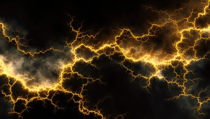 Golden lightning streaks across a dark, smoky, cloudy sky, creating a dramatic and energetic abstract image