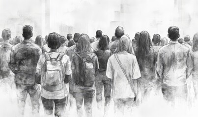 Obraz premium Diverse group of individuals seen from behind in a crowded setting, depicted in a sketch style with black and white shading. The scene emphasizes unity in diversity and community, Generative AI