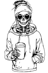 Fototapeta premium Skeleton woman in hoodie with heart sunglasses