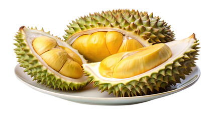 Fototapeta premium Open Durian Fruit on a Plate Exhibiting Yellow Arils and Green Husk