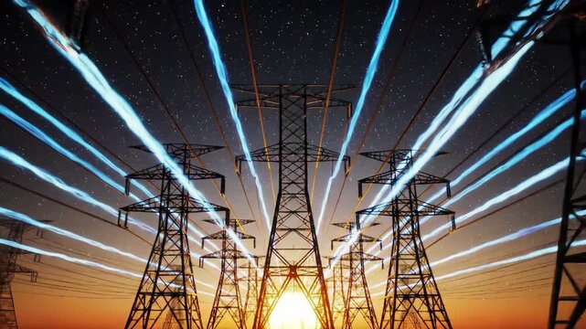 High voltage power line electricity transmission tower energy night sky star sunset glowing technology infrastructure dramatic scene, electricity power line transmission tower night energy technology
