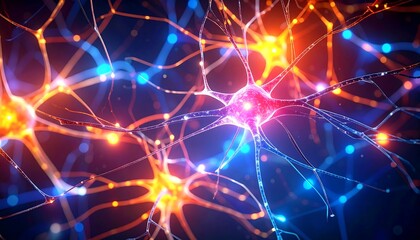 Obraz premium Vibrant digital rendering of interconnected neurons, glowing with warm and cool colors against a dark background