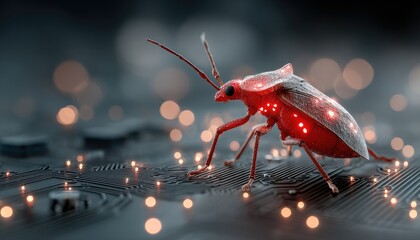 Red bug-like robot on circuit board