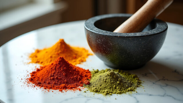 Mortier en pierre noire et pilon en bois sur plan de travail en marbre avec piles d&rsquo;&eacute;pices color&eacute;es au soleil
