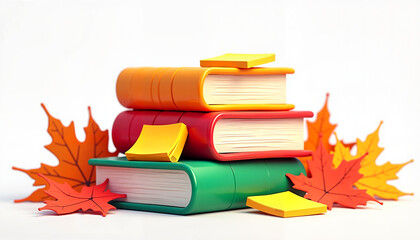 Colorful stacked books with sticky notes and autumn leaves  