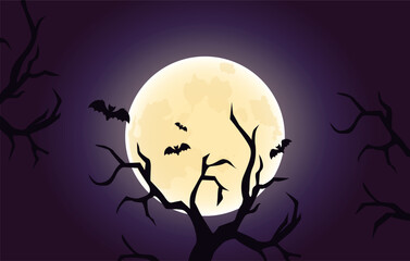 Halloween Spooky Nighttime Scene with full moon, bats and evil trees on horizontal background.
