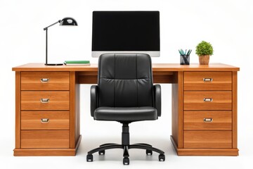 Modern Office Desk Setup with Black Leather Chair isolated on White Background